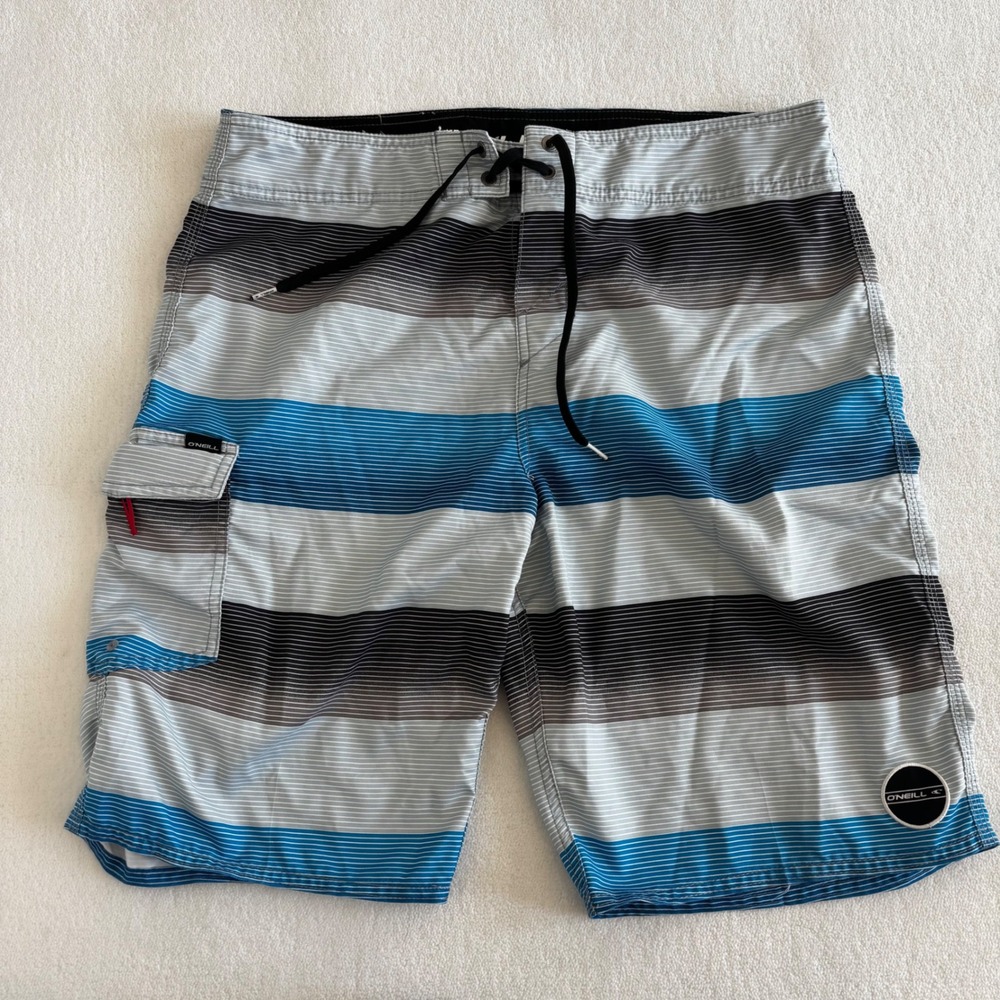 O'Neill Board Shorts Mens 34 Blue Striped‎ Swim Trunks Excellent Cargo Pocket
